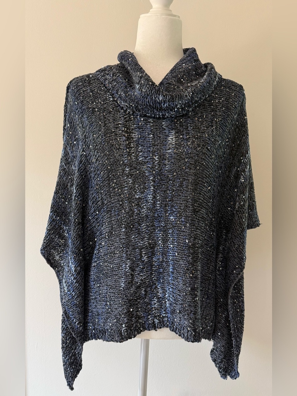 INC International Concepts Blue & Black Marled Cowl Neck Sparkly Poncho Sweater